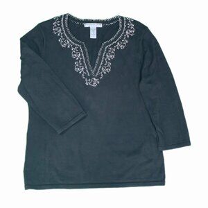 Geoffrey Beene Sport Black Tunic With White Embroidery - Boho Chic Style Size XL